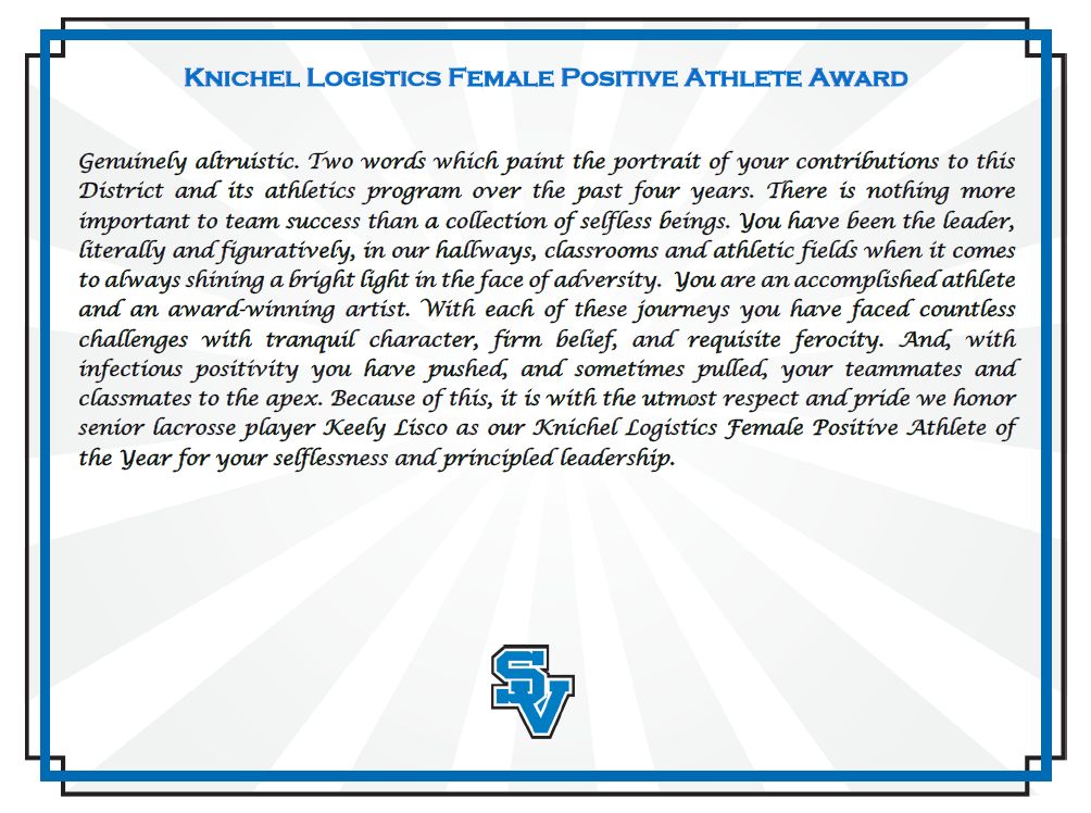 Positive Athlete Keely Lisco Certificate